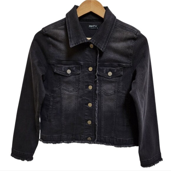 APNY Denim Jacket Women S Black Cotton Blend Graffiti Frayed Button Distressed - Picture 4 of 15
